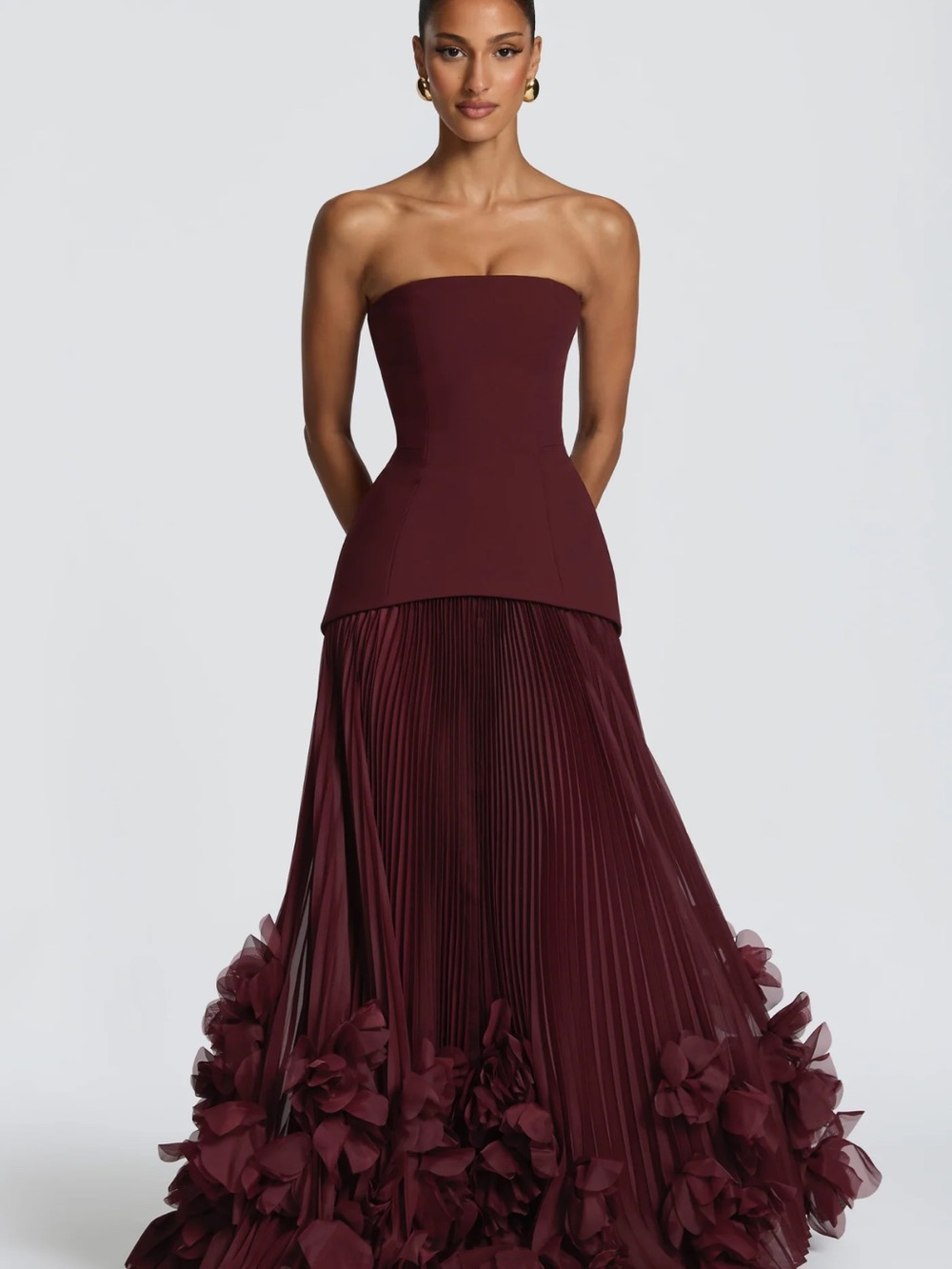 Strapless Burgundy Peplum Bodice Pleated Skirt Evening Gown